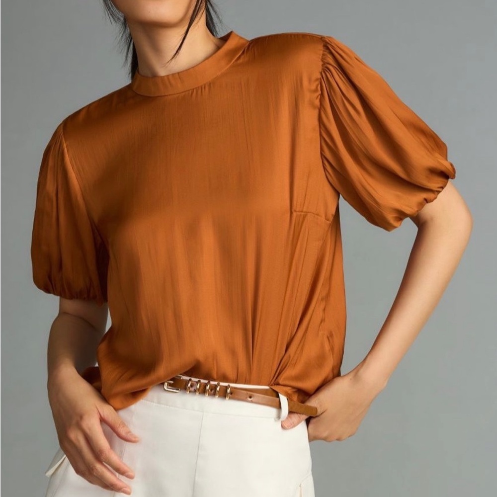 Women's Satin Puff Sleeve Blouse - Rust